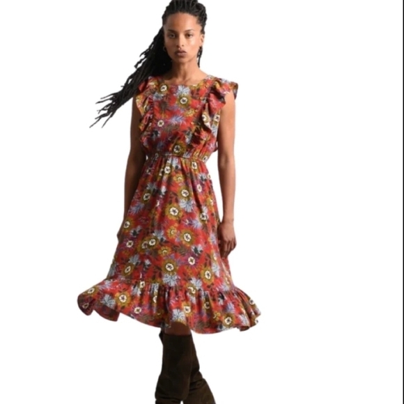 Molly Bracken cordury Red Floral Print Ruffle Sleeves Buttons Midi dress  small - Picture 1 of 13
